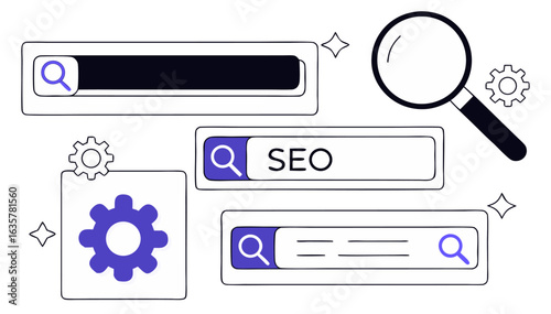 SEO Keywords Search Concept with Magnifying Glass and Icons or keywords search engine optimization concept