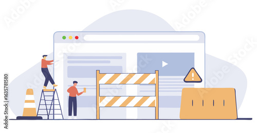 Website Under Construction Illustration with Workers or Under construction webpage with workers fixing website elements, caution sign