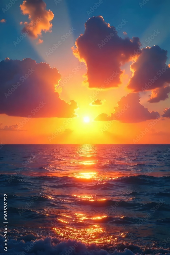 Obraz premium A vibrant sunrise over a calm ocean, radiating joy and positive energy Perfect for themes of optimism, well-being, and peaceful contentment , inspirational, peaceful, vacation