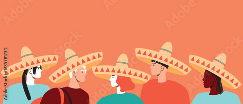 Group of mexican people travel together, flat vector stock illustration as concept of traditional mexico travel and tourists in sombrero as copy space template