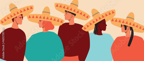 Group of mexican people travel together, flat vector stock illustration as concept of traditional mexico travel and tourists in sombrero