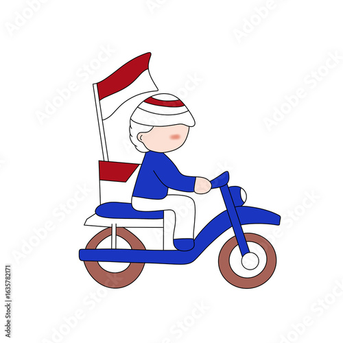 Boy Riding Scooter with Indonesian Flag Cartoon Illustration