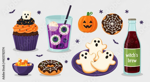A colorful illustration of Halloween treats including cupcakes, drinks, and cookies, arranged on a light background.