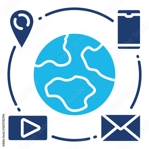 Network Connection Icon In Blue Monochrome Flat Design, Vector Illustration