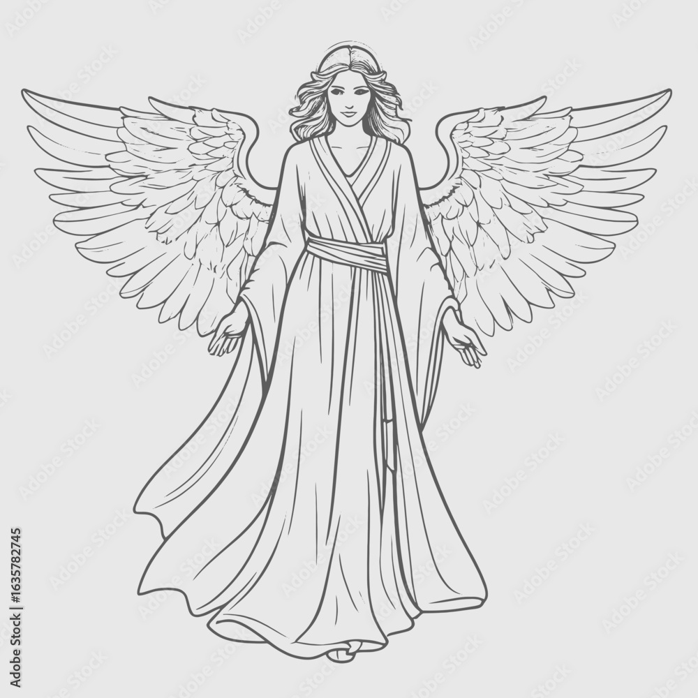 Fototapeta premium Angel with feathered wings and flowing robe female
