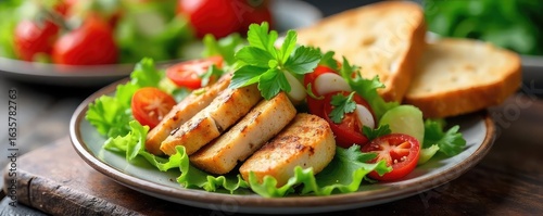 A vibrant and healthy lunch spread featuring fresh salad, grilled chicken, and crusty bread, perfect for a light yet satisfying midday meal , foodphotography, food