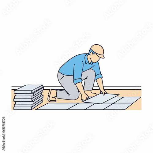 Man laying tiles for home repair, showing DIY construction in progress. Home repair, with a worker carefully positioning tiles, brings improvement and value to interiors.