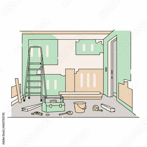 Home renovation scene displaying tools and materials, including ladder, bucket and toolbox. Home renovation preparation including plasterboard, scraper and measuring tape for wallpaper removal.