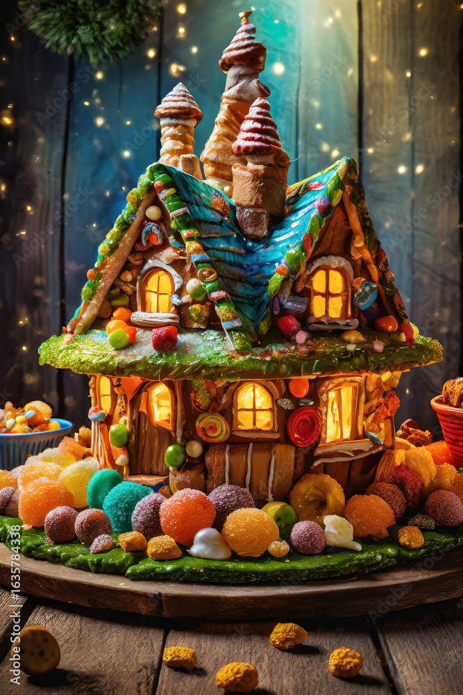 Obraz premium Magical hut in a wood, made of colorful sweets close up background.