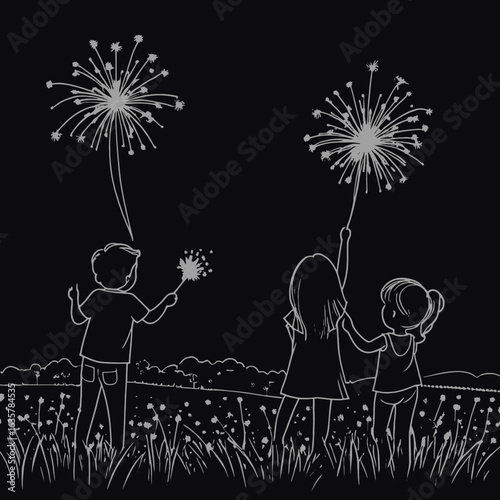 Children with sparklers and fireworks field grass
