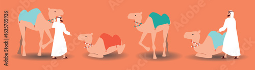 Arab man in traditional clothes with camel isolated, flat vector stock illustration as a set or collection