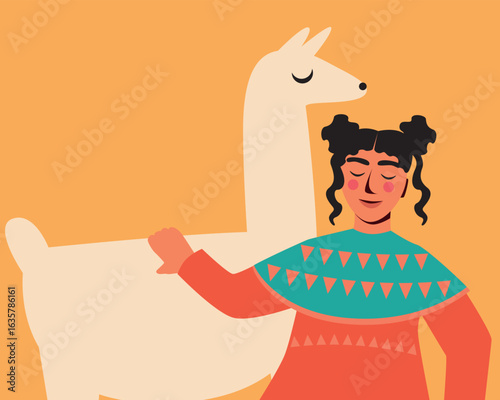 BIPOC child with llama or alpaca, flat vector stock illustration with traditional south american character