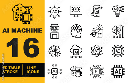 AI Machine set of web icons in line style. A collection of linear icons representing key AI Machine concepts, including brain with circuits, processor chip, robot, and cloud computing. Editable stroke