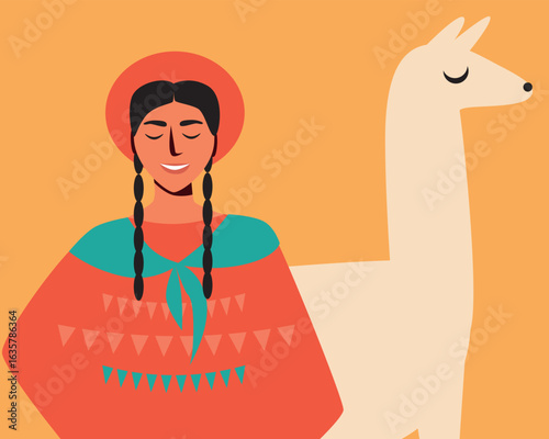 BIPOC teenager with llama or alpaca, flat vector stock illustration with traditional south american character