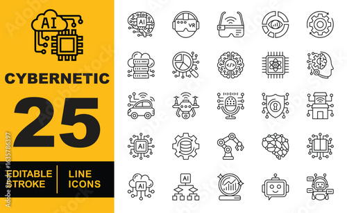Cybernetic set of web icons in line style. A collection of linear icons representing key Cybernetic concepts, including VR glasses, cloud computing, a robot arm, and a selfdriving car. Editable stroke