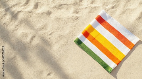 Colorful striped beach towel on sand