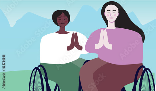 Friends of woman as people with special needs meditate in mountains, flat vector stock illustration as travel concept for meditation practices and mindfulness