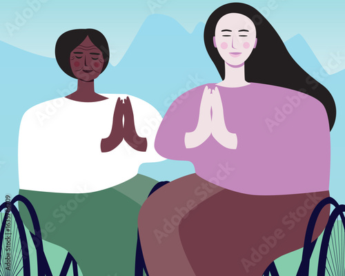 mental health retreats for people with special needs, flat vector stock illustration as concept inclusive wellness tourism