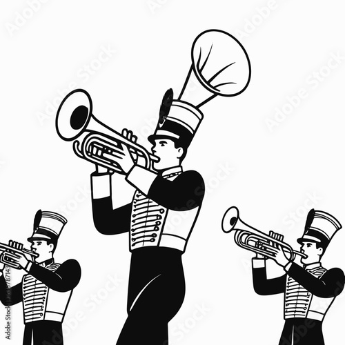 Marching band musicians playing trumpets parade black and white