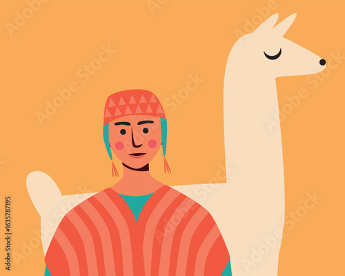 Teenager or young BIPOC man with llama or alpaca, flat vector stock illustration with traditional south american person