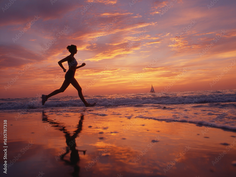 woman running on the beach at sunset woman running on the beach at sunset
