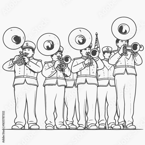 Marching Band Playing Trumpets and Tubas musicians