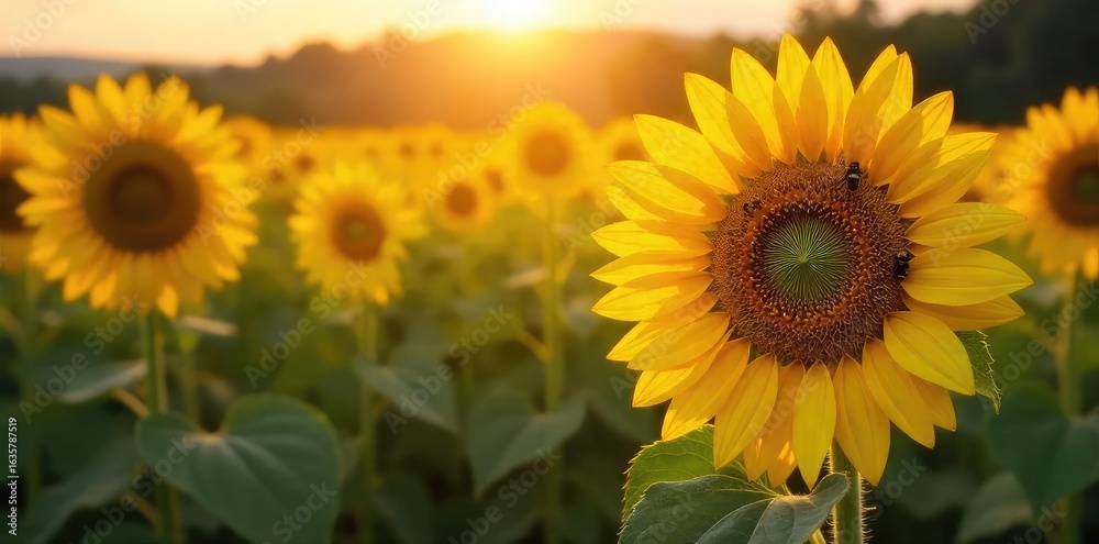 Obraz premium Golden hour sunlight bathes a lush field of ripening sunflowers, buzzing with bees, a quintessential summer harvest scene Ready for picking , meadow, crops