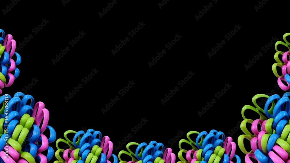 Fototapeta premium Colorful scissor handles arranged as a creative border on a black background, forming a vibrant and modern frame design. Perfect for education, craft, art, and back-to-school themes.