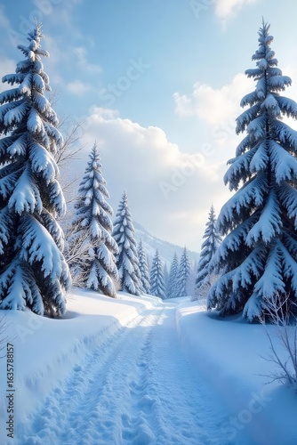 Frozen landscape, snow covered trees and ground, icy branches glistening under a cold winter sky Perfect for winter wonderland, holiday, or nature themes , new year, branches