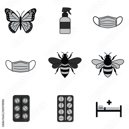 Monochrome Health Icons: Bees, Masks, Pills