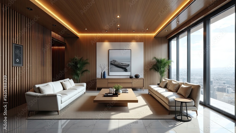 Fototapeta premium Modern living room interior design with panoramic city views.