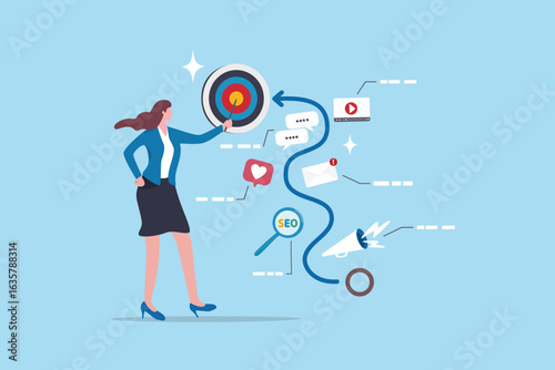 Marketing strategy, success planning to launch advertisement, optimize audience result, online promotion plan, performance report, businesswoman present marketing strategy plan to improve best result.