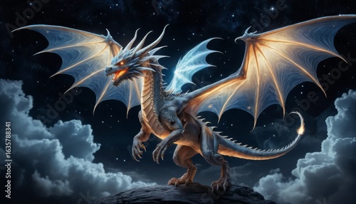 Majestic dragon with glowing wings perched on rock at night