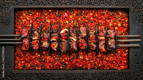 Appetizing meat skewers on dark tray