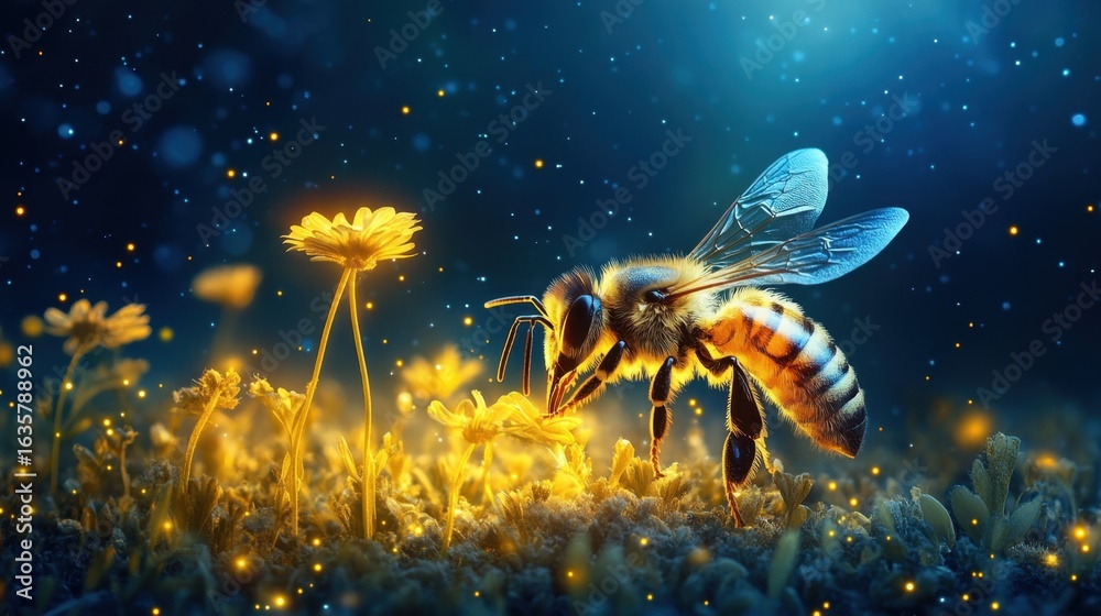 Naklejka premium Bee hovering near a glowing magical flower in enchanting forest nature photography dreamlike atmosphere