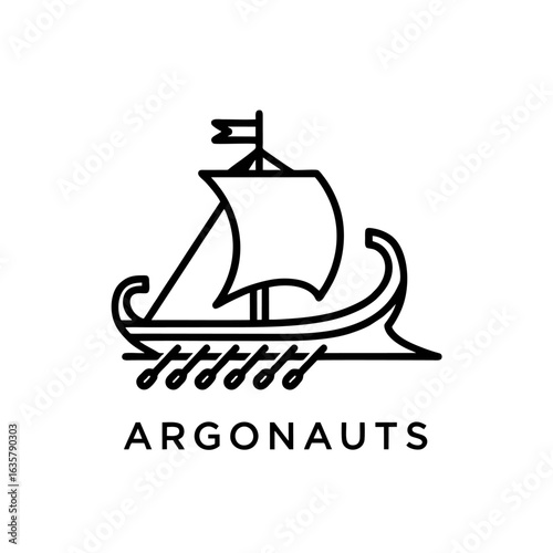 Argonauts Logo Featuring a Stylized Greek Ship With Sails and Oars, Black Vector Lines, Minimalist Design