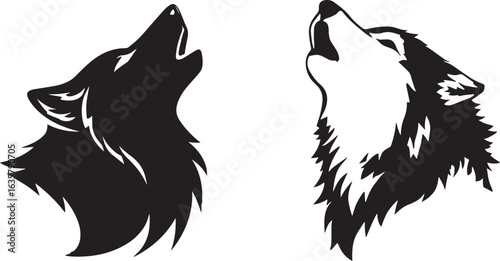 Howling Wolf Head Silhouette Vector Set, Wild Animal Graphic Icons for Tattoo & Logo Design
