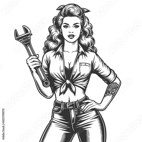 confident woman in mechanic overalls holding a wrench, symbolizing strength and empowerment sketch engraving generative ai fictional character vector illustration. Scratch board. Black and white.