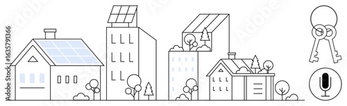 Residential and urban buildings with solar panels, greenery, and smart elements thumbs up microphone and keys. Ideal for sustainability, technology, real estate, eco-living, renewable energy, urban