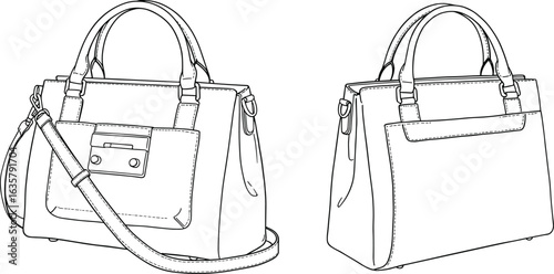 Elegant handbag CAD drawing, flat vector illustration, fashion accessory design, stylish purse front and back view, technical sketch, Adobe Stock