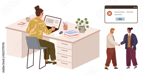 Employee typing on a laptop at a desk with office supplies, plant, and coffee mug, while two colleagues shake hands near error message pop-up. Ideal for teamwork, problem-solving, workplace