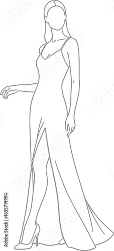Elegant woman in a dress line drawing on a plain background