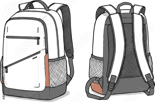Stylish backpack CAD drawing, flat vector illustration, front and back view, school bag design, ergonomic straps, zipper pockets, mesh sides