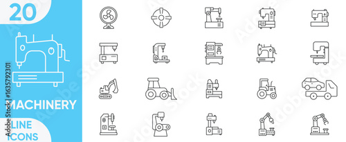 Machinery line icon set.Editable stroke Industry, machine tools, miner, mining, drilling machine, truck  car, car lifter,  tractor, Excavator and more.Vector illustration