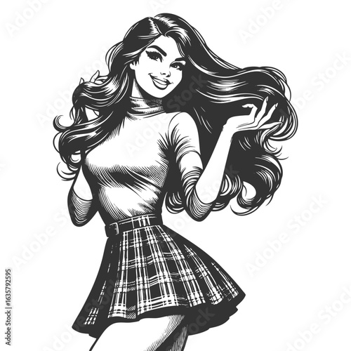 pin-up girl wearing a plaid skirt and tight turtleneck, smiling and posing playfully sketch engraving generative ai fictional character vector illustration. Scratch board imitation. Black and white.