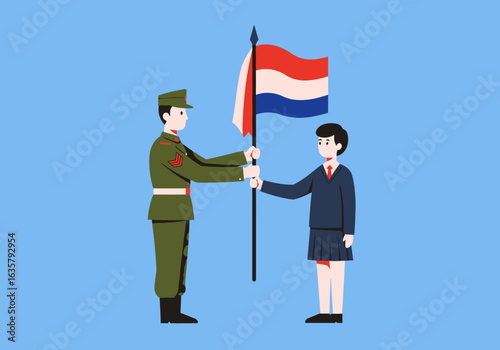 Soldier Passing Flag to Student Illustration.
