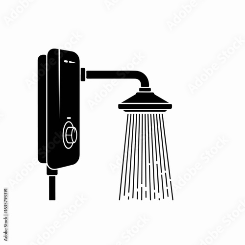 Black and white electric shower illustration with streaming water from shower head. Electric shower provides hot water on demand with modern technology.