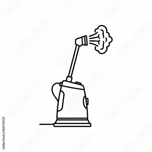 Home steam appliance for cleaning and sanitizing surfaces. Steam appliance, depicted as a simple line drawing, shows mist coming from nozzle, suitable for household chores.