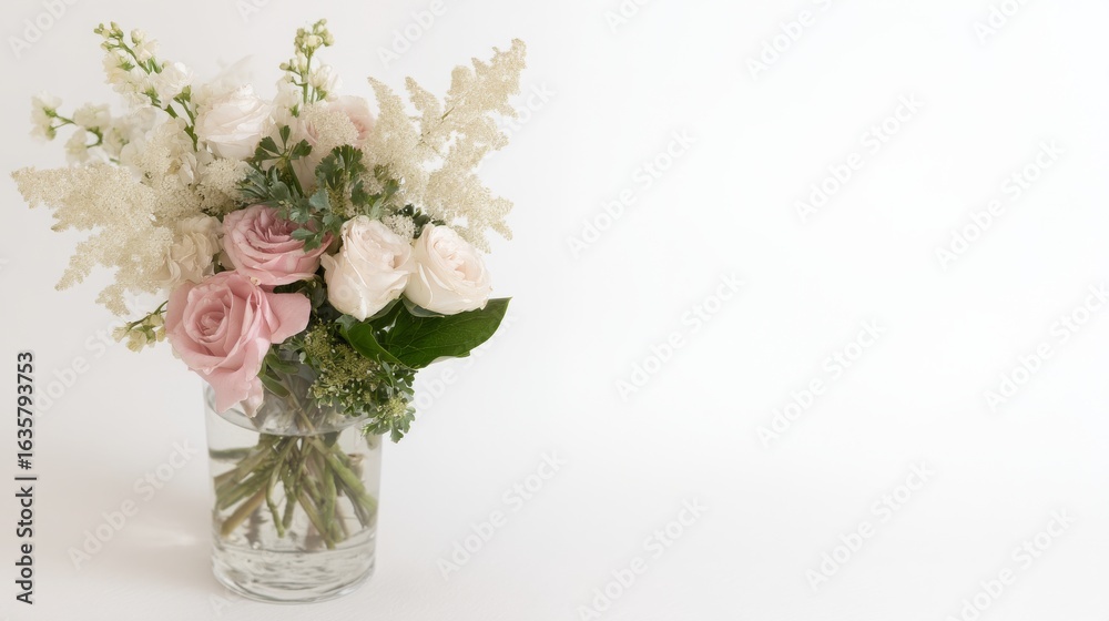 Obraz premium A clear glass vase holds a bouquet of pink roses, cream blossoms, baby's breath,