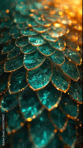 Close-Up of Shiny Dragon Scales – Fantasy Texture with Emerald and Gold Glow